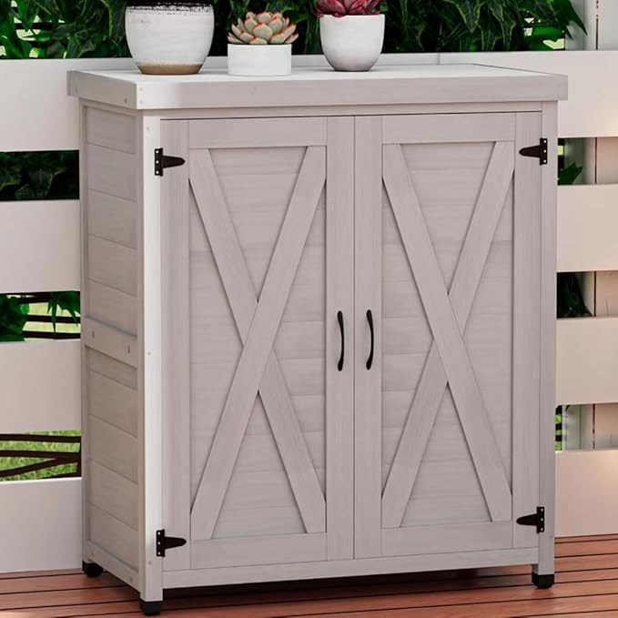 Outdoor Storage Shed Waterproof, Potting Shed with Storage Cabinet and Metal Table Top for Backyard Garden Patio,Outdoor Work Station Table