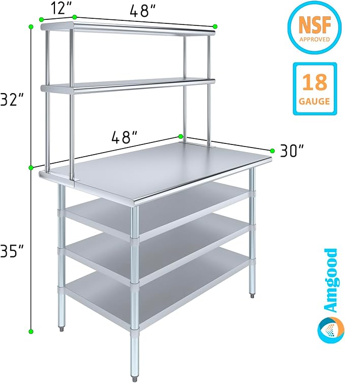 Amgood 30" x 48" Stainless Steel Work Table with 3 Shelves and 12" Wide Double Tier Overshelf | Metal Kitchen Prep Table & Shelving Combo | NSF