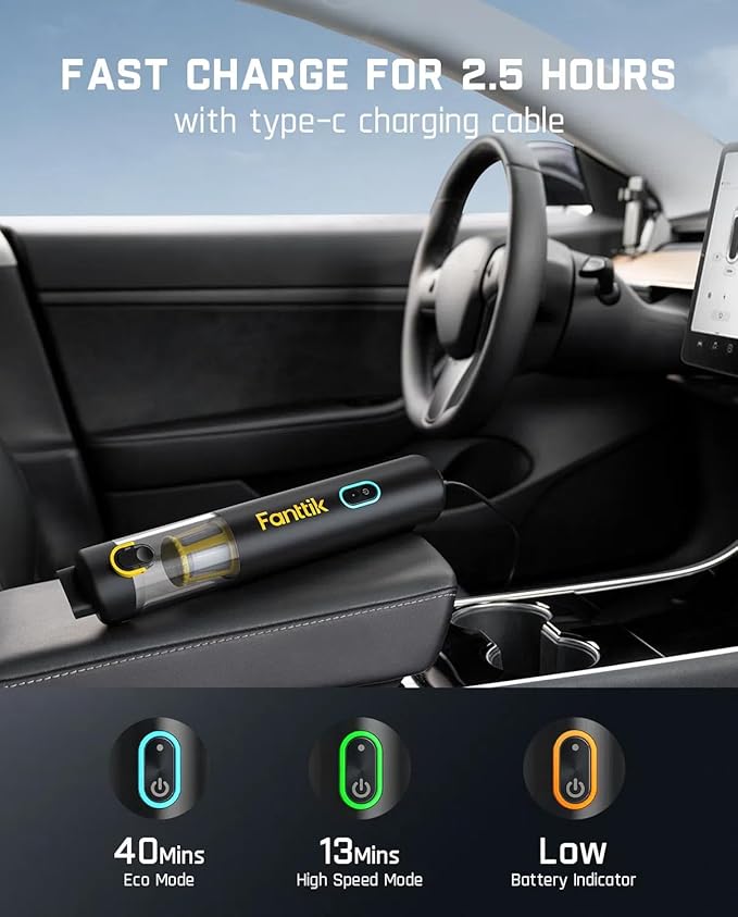Fanttik Slim V8 APEX Car Vacuum, 4-in-1 Portable Mini Cordless Vacuum with 19000pa Suction Power, Type-C Charge, 2 Suction Modes, Handheld Vacuum for Car, Office Desk, Keyboards (Black)