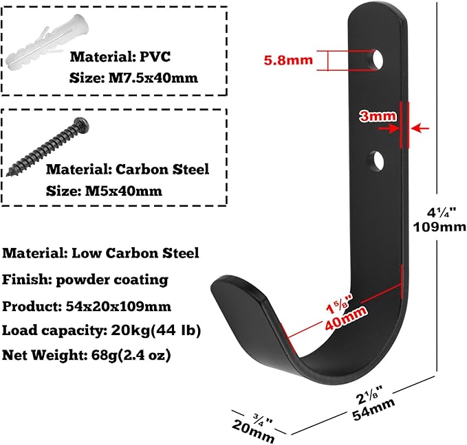 10 Pack Black Steel J Hook, 4-1/4" x 2-1/8" Wall Mount Utility Hook for Hanging Garage Storage