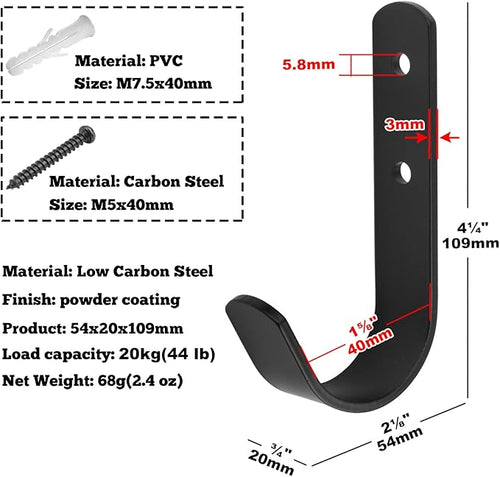 10 Pack Black Steel J Hook, 4-1/4" x 2-1/8" Wall Mount Utility Hook for Hanging Garage Storage