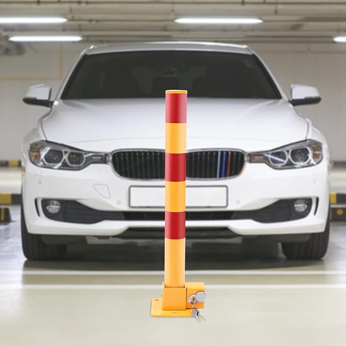 Parking Post and Base With Lock, Parking Barrier Post Parking Blocker Driveway Blocker 23.6 Inch Parking Lock Personal Garage Driveway Barrier Safety Parking Barrier Traffic Pole, Yellow + Red