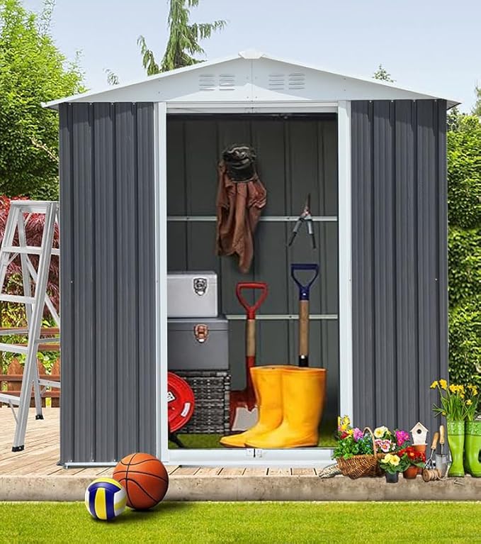 Outdoor Sheds 5FT x 3FT Outdoor Storage, Metal Anti-Corrosion Utility Tool House with Lockable Door & Shutter Vents，Outdoor Waterproof Garden Tool Metal Storage Sheds （Grey）