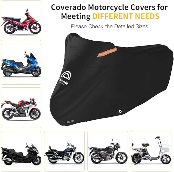 Motorcycle Cover Waterproof Outdoor 80 inches Length All Season Universal Protection, Coverado Scooter Covers with Inner Flame Retardant Fabric and Seam PU Tapes, Fit for Harley Davidsion Yamaha etc