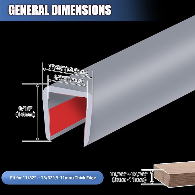 Rubber Edge Trim, Flexible Edge Banding, 3/8"(10mm) U Channel Protector, Self Adhesive Edge Guards for Plywood, Glass, Flexiglass and Sheet Metal Parts, 20Ft, Grey Color