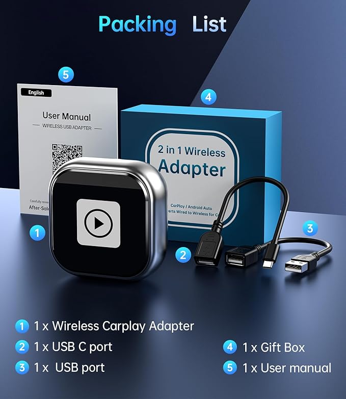 Wireless Carplay Adapter, 2025 Upgrade Mini USB Design for Car Play & Android Auto, Easy Use Fast Stable Connection for iPhone