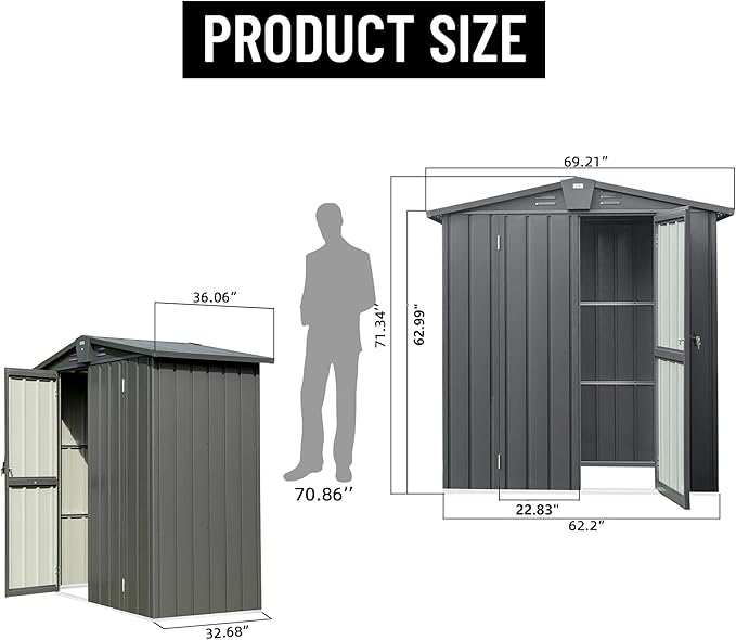 IKERY Galvanized Steel Garden Shed - 5.7' x 3' with Floor, Ventilation Vents and Lock, All - Weather Outdoor Storage for Tools in The Backyard, Dark Gray