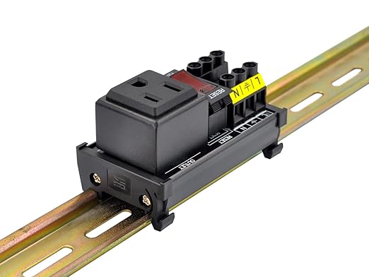 DIN Rail Mount AC 120V NEMA 5-15R Single Receptacle Outlet Power Strip Module, with Rocker Switch Thermal Circuit Breaker Overload Protector
