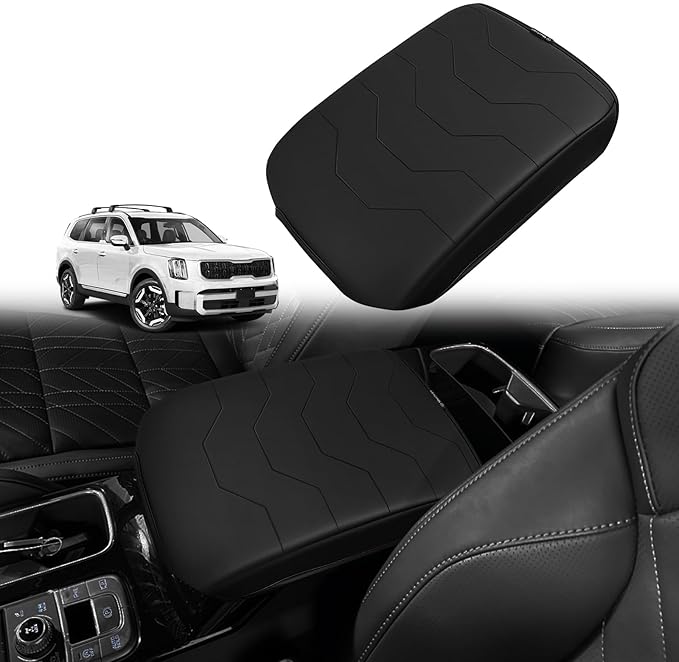 Muslogy Center Console Armrest Cover Compatible with 2020-2024 2025 Kia Telluride Comfort Armrest Pad Arm Rest Cushion Vegan Leather Protector Black Regular Thick
