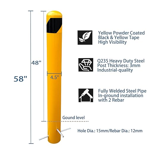58" Pour in Place Steel Bollard Post, 4-1/2" OD Safety Bollard Yellow Powder Coat, Metal Bollard Parking, Driveway Barrier