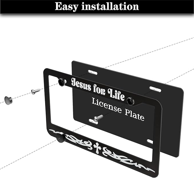 License Plate Frames Black and White Custom License Plate Frame Jesus for Life Aluminum Metal Car Accessory 2 Pack with Screw Covers Set
