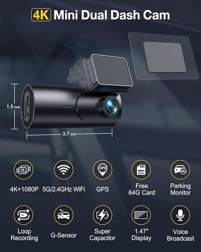 GKU Dash Cam Front and Rear Camera,4K+1080P, 5.8GHz WiFi & GPS Dash Camera for Cars,with 64G SDcard,1.47" Display Dashcam, 24HParking Mode,App Control,Super Night Vision,WDR,Support Max 256GB