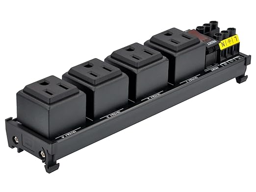 DIN Rail Mount AC 120V NEMA 5-15R 4 Receptacles Outlet Power Strip Module, with Rocker Switch Thermal Circuit Breaker Overload Protector