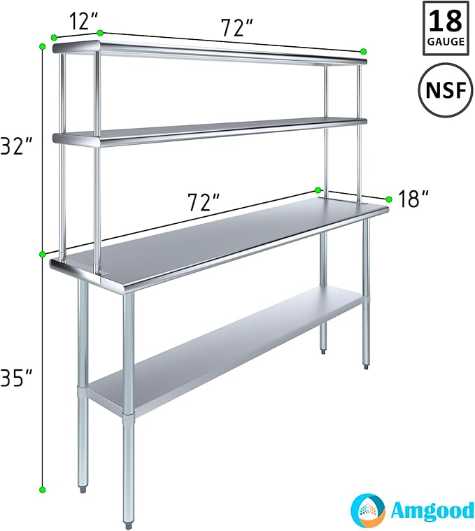 Amgood Stainless Steel Work Table Double Tier Overshelf | Metal Kitchen Prep Table & Shelving Combo (18" x 72" Work Table + 12" Overshelf)