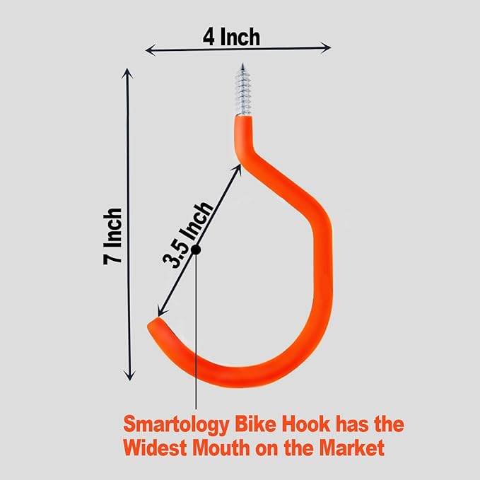 SMARTOLOGY Bike Storage Hook, Bike Hanger, Rubber Coated Heavy Duty Large Screw in Ceiling Hooks for Garage Wall, 4 Pack, Fits All Bike Types, Bike Racks & Stands