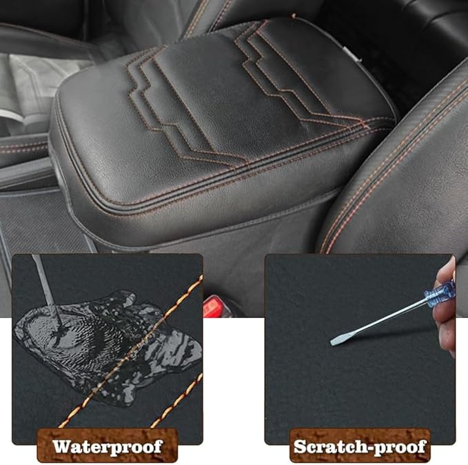 Muslogy for Frontier Center Console Pad Armrest Box Cover Vegan Leather Soft Accessories Armrest Lid Protector Compatible with Nissan Frontier 2022-2024 2025 (Regular Thick, V2 Orange Stitching)