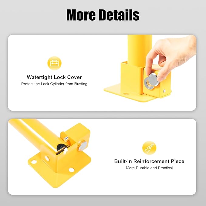 23In Q195 Iron Pipe Safety Bollard Yellow & Red Parking Barrier, Automatic Locking Folding Metal Post with Warning Stripes for Lots, Storefronts, Entrances
