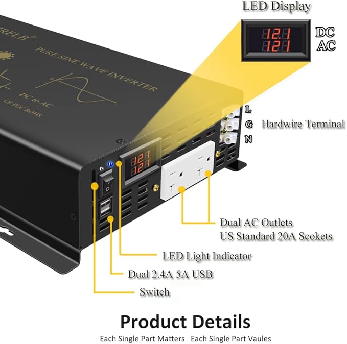 WZRELB 2500W Pure Sine Wave Power Inverter 12VDC to 120VAC 60HZ Dual AC Outlets 2× 2.4A USB Port&Hardwire Terminal Off-Grid Solar Converter RV Trucks Home