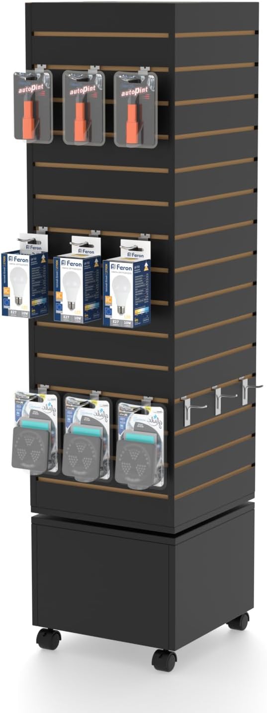 WISDOMFUR Rotating Slatwall Display Rack – 16"x16"x60" Black Spinning Tower with Wheels – Retail Display Fixture for Accessories, Hooks & Shelves
