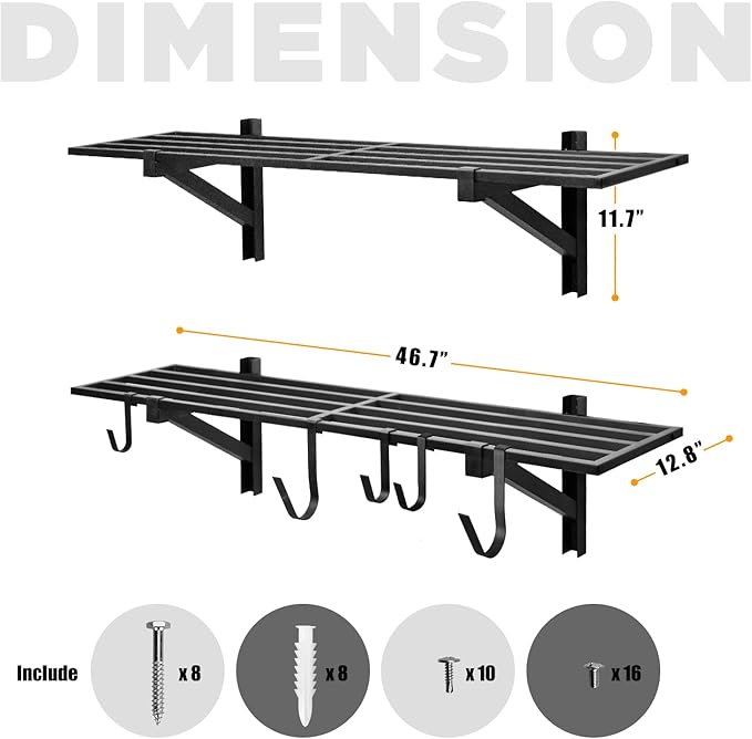 2 Pack Heavy Duty Garage Wall Shelving, 1' x 4' Wall Mount Storage, Holds 200 lbs Each, Garage Shelving Wall Mounted, Storage Rack with Hooks (Black)
