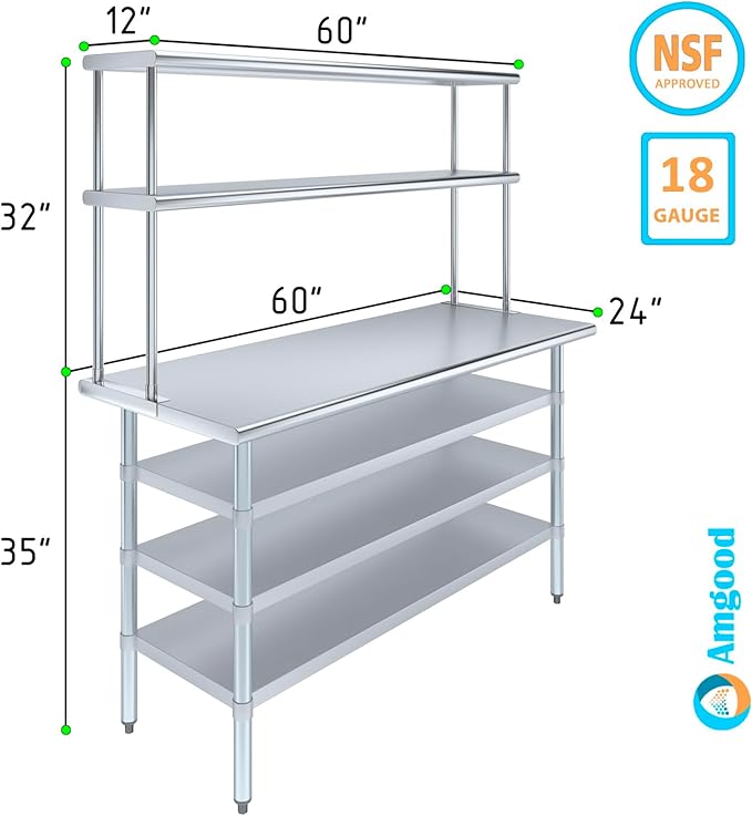 Amgood 24" x 60" Stainless Steel Work Table with 3 Shelves and 12" Wide Double Tier Overshelf | Metal Kitchen Prep Table & Shelving Combo | NSF