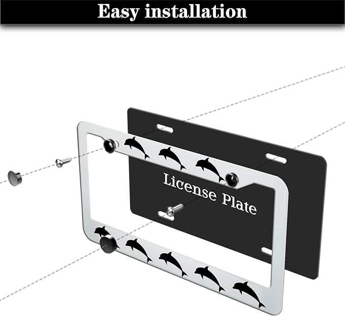 License Plate Frames for Women Black and White License Plate Protector for Men Dolphin Universal Aluminum Car Accessory 2 Pack with Screw Covers Set