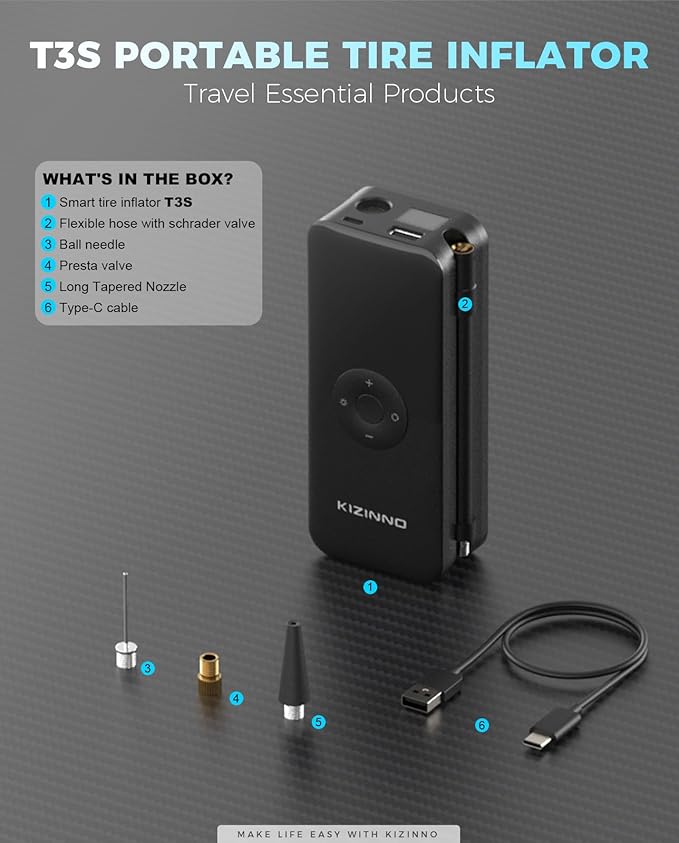 Electric Bike Pump Portable for Bicycle Tires, Compact Motor Air Pump - Fast Inflator 150PSI Smart Air Pump with Digital Pressure Gauge for Bike, E-Bike, Motorcycle with Presta and Schrader Valve