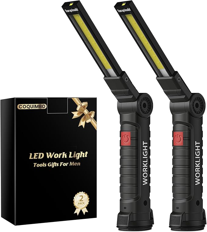 Coquimbo Tool Gifts for Men Dad Him Husband, Rechargeable LED Work Light BBQ Grill Light Accessories with Magnetic Base, 360° Rotate Mechanic Flashlight Stocking Stuffers for Men Adults (2 Pack Black)
