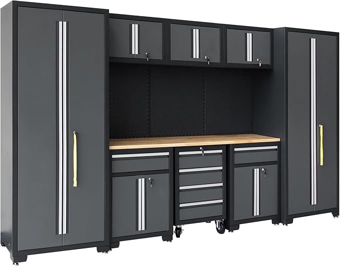 Garage Storage Cabinet System 9-Pcs Workshop Set Garage Cabinets and Storage System with Steel Cabinet Drawers, Rolling Chest, Workbench, Pegboard for Garage Tool Organization, Black and Grey