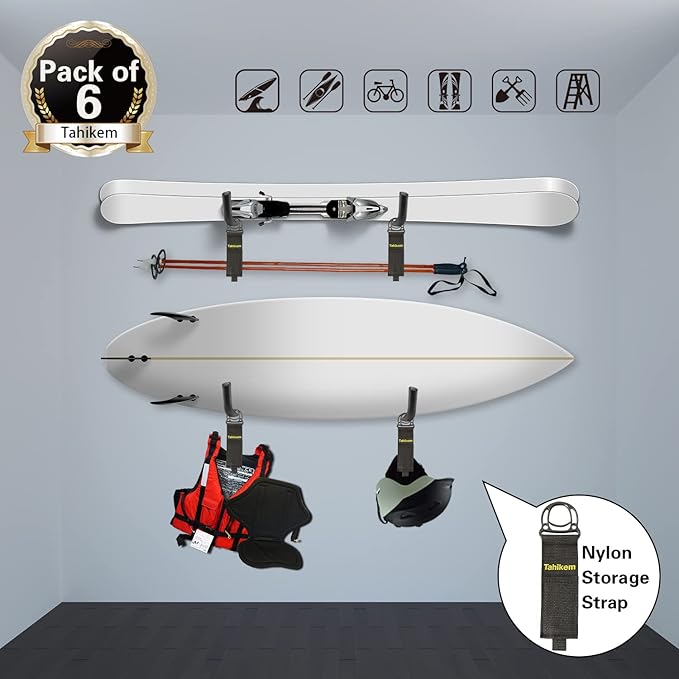 6 Set Garage Wall Mounts, 9 Large Wall J Hooks, Black - Heavy Duty Extension Cord Hangers for Ladders, Mowers, Cables
