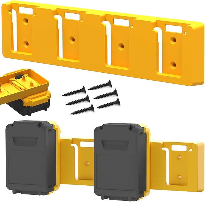 Battery Rack Compatible with DeWalt 20V Battery Holder, Mount 4 Slot Bulk Battery Garage Tool, Tools for Dewallt 20v, Wall Display Hook Holder (Yellow-1pc)