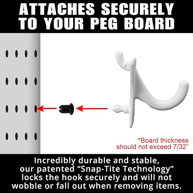 PegPro® J Hooks Kit for Standard “Wood Fiber” pegboard – Durable Plastic Pegboard Hooks - for Garage, Kitchen, Craft Room, and More (J Hook - 24 Pack, White)