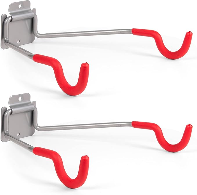 Bike Wall Mount Hangers，EVA Foam Padded Bicycle Hooks-Flip-Up Garage Bicycle Rack for Mountain, Road, and Kids Bikes Rack Holders 2 Pack Silver, Red