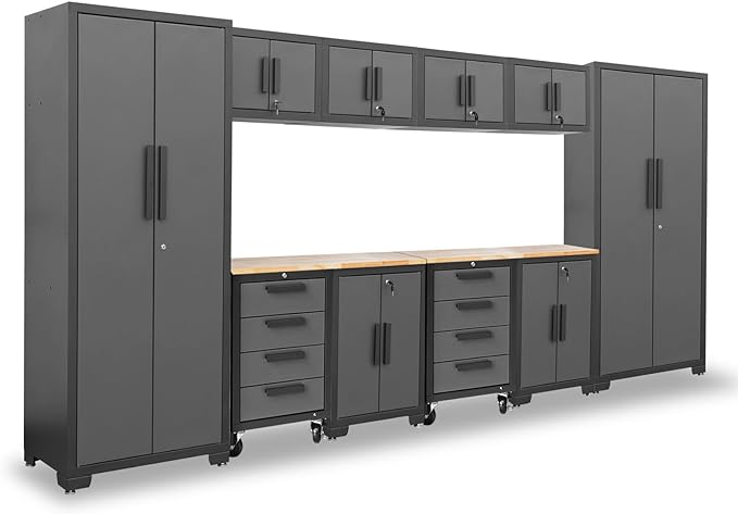 Torin 12 Piece Garage Storage Cabinet Set: Workshop Tool Organizer Chest with Lockers, Shelves and Wood Workbench, Black/Grey