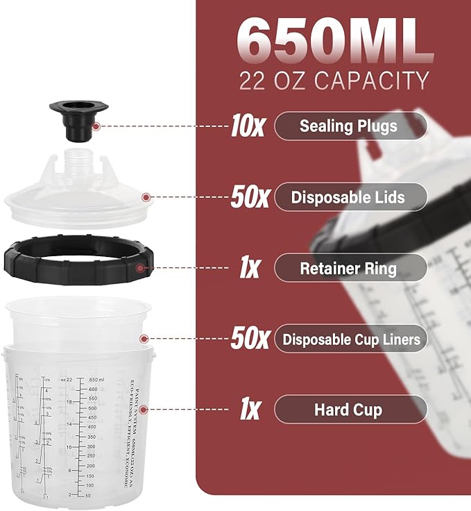 Disposable Paint Spary Gun Cups(650 ML/22 OZ), Spray Paint Cup Kit with 50 Cup Liners, 50 Lids, 10 Sealing Plugs, 1 Retainer Ring, 1 Hard Cup