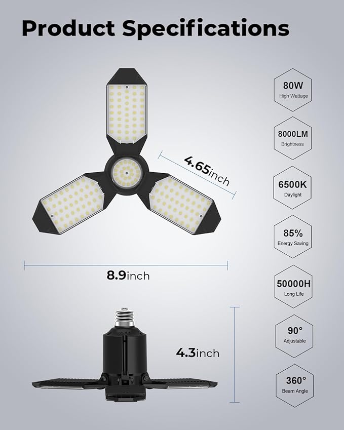 LED Garage Lights 4 Pack, 8000LM Shop Lights with 3+1 Deformable Panels, 6500K Screw in Ceiling Lights for Garage, Workshop, Workbench, Basement