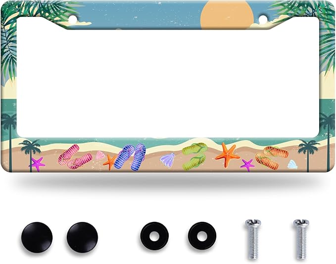 Summer Beach License Plate Frame Flip Flops License Plate Stainless Steel Funny License Plate Holder Personalized Beach Car Accessory Decoration 12.3" x 6.3"for Men Women