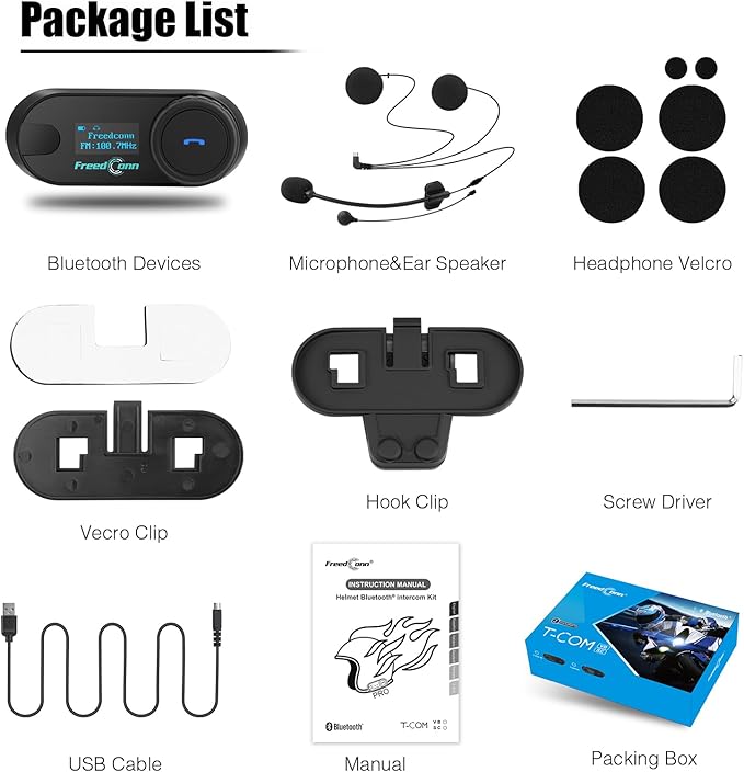 FreedConn TCOM SC Motorcycle Helmet Bluetooth Headset, Motorcycle Communication Systems with LCD Screen, CVC Noise Cancellation, Stereo Music, 3 Riders 0.5mi/800m 12Hrs Intercom, IP65, 1 Pack