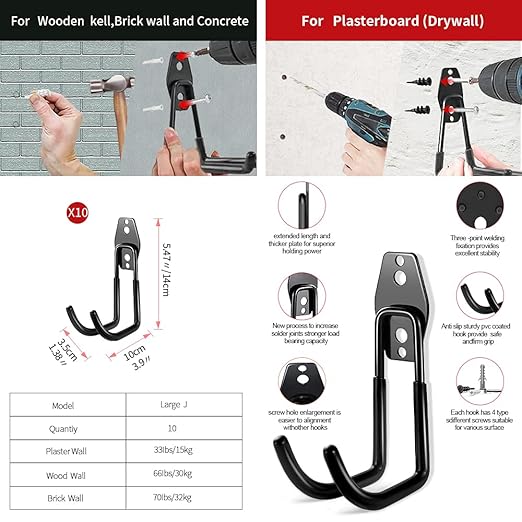 3-H Heavy Duty Garage Hooks [10 Pack] - 3-Round Welding Tech Holds 22lbs More - Thickened Steel Wall Mount for Ladders, Tools & Storage - Rustproof Utility Hardware