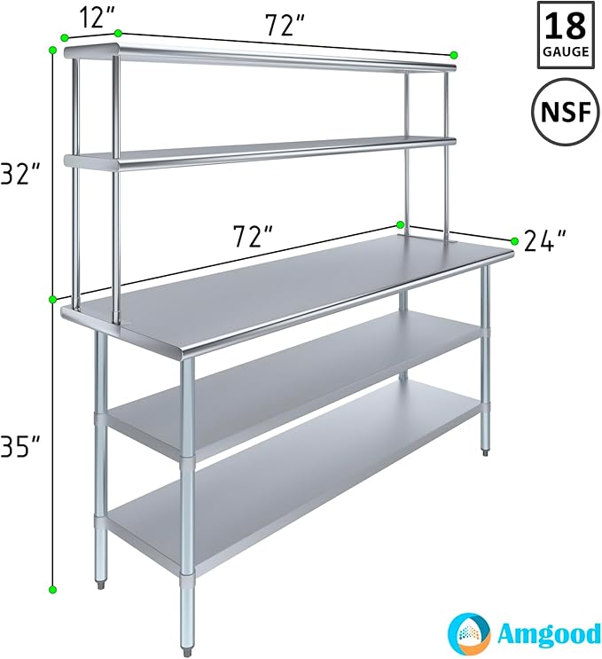 Amgood Stainless Steel Work Table with 2 Shelves | Metal Kitchen Prep Table & Shelving Combo (24" x 72" Table with 2 Shelves + 12" Overshelf)