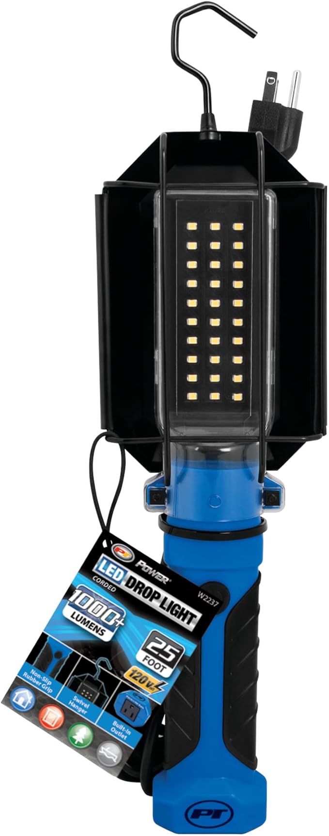 Performance Tool W2237 25' 18GA 1,000 lumen 120V LED Drop Light with Extra Built in 120V Outlet, 1 Pack
