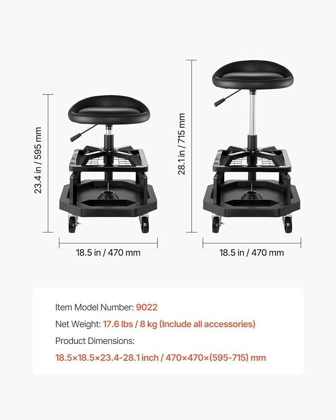 VEVOR Industrial Black Pneumatic Garage Seat/Work Stool with 300 lbs Capacity, Adjustable Height Roller Creeper Seat, 360 Swivel Padded Workshop Stool with Casters, for Garage, Shop & Auto Repair
