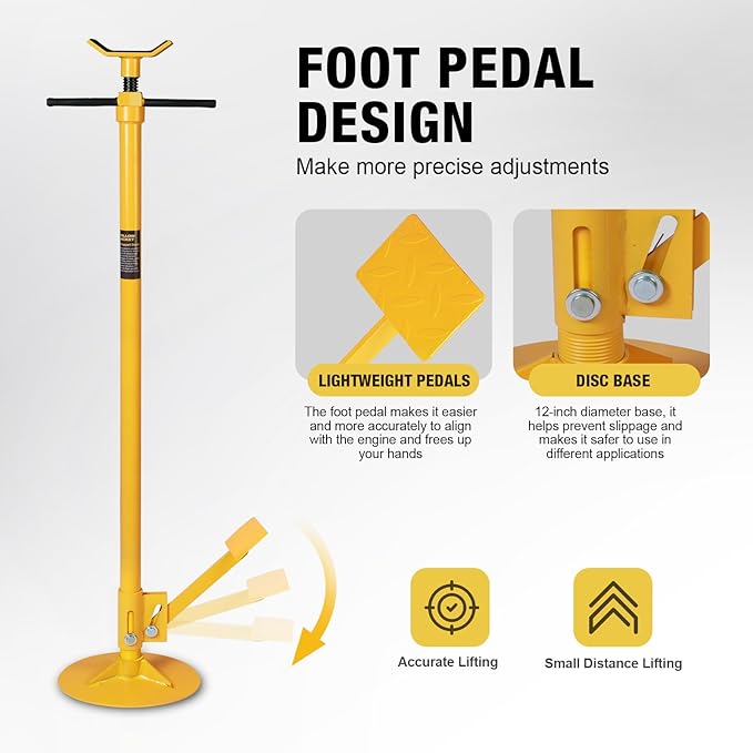 YELLOW JACKET Underhoist Support Stand 3/4 Ton Capacity with Foot Pedal, Lifting from 52.8" to 76.5", 12 Inch Diameter Base, Bearing Mounted Spin Handle, Contoured Saddle, Supports Vehicle Components