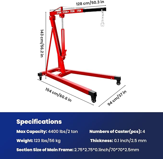 2 Ton Engine Hoist, Carbon Steel Cherry Picker Engine Hoist with 4 Casters, Hydraulic Engine Crane Hoist Cherry Picker Shop Crane for Garage Factory Warehouse, Red