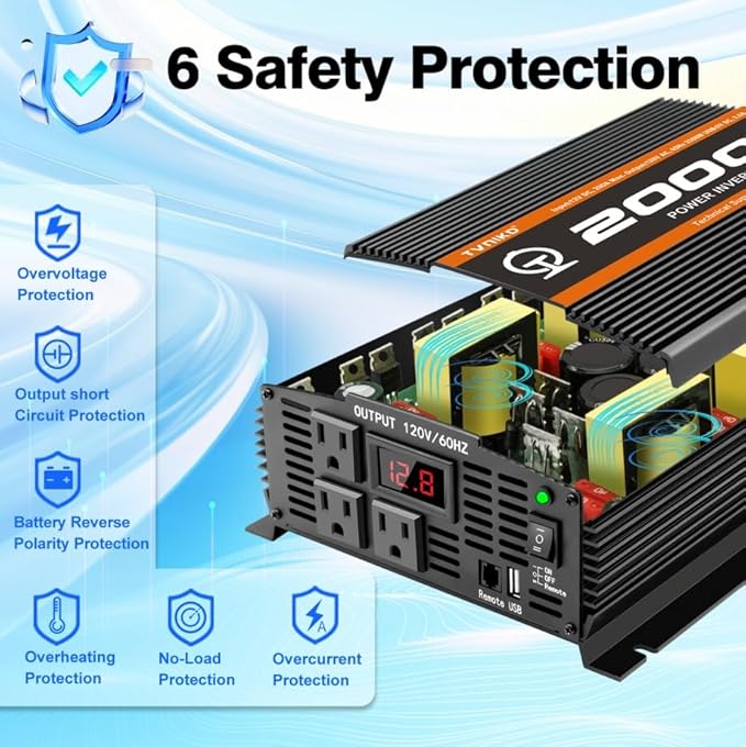 2000 Watt car Power Inverter 12V to 110V/120V Inverter for car Truck semi Truck Vehicles Camping with 1 USB Ports and 2 AC Outlet Power Converter with LCD Display 2000W Inverter