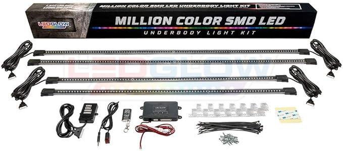 LEDGlow 4pc Million Color Multi-Color LED Underbody Underglow Accent Lighting Kit for Cars - 18 Solid Colors - 12 Unique Patterns - Music Mode - Water Resistant Tubes - Includes Control Box & Remote