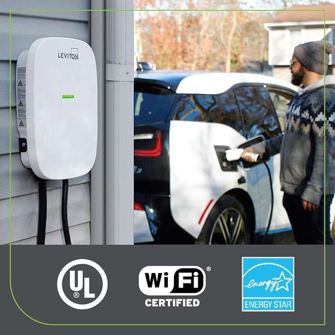 Leviton Level 2 Smart EV Charger with Wi-Fi, 48 Amp, 208/240 VAC, 11.6 kW Output, 18' Cable, Indoor/Outdoor Hardwired EV Charging Station, My Leviton Compatibility, EV48W EVSE