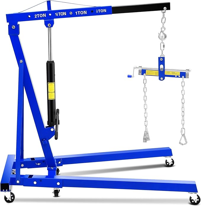 2 Ton Hydraulic Engine Hoist with Lever Stabilizer , Cherry Picker Engine Hoist, 4400LBS Heavy Duty Garage Crane with 6 Swivel Casters & Adjustable Telescopic Boom, for Auto Repair & Workshop (Blue)
