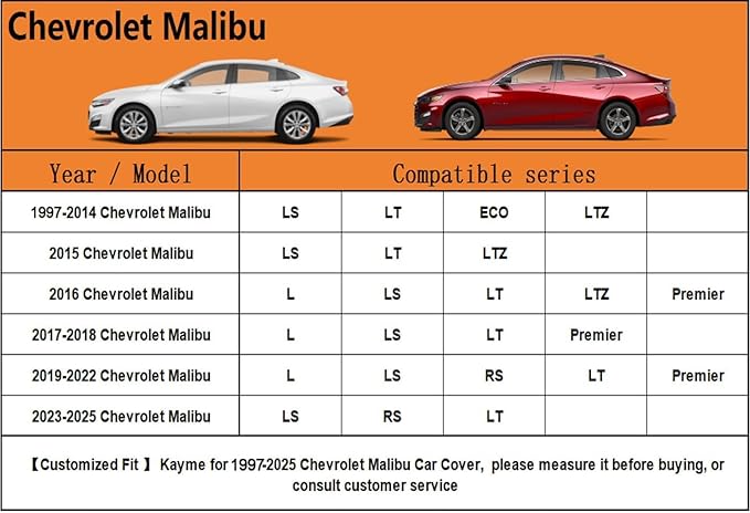 Kayme 7 Layers Car Cover Custom Fit for Chevrolet Chevy Malibu (1997-2025) Waterproof All Weather for Automobiles,Outdoor Full Cover Rain Sun UV Protection.Black