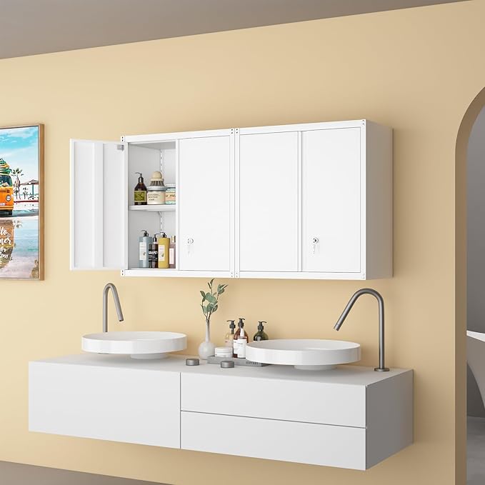 LUCYPAL Metal Wall Cabinet,Garage Storage Cabinets with Adjustable Shelves,Steel Locking Storage Cabinet with Doors for Home,Office,Kitchen,Warehouse,White